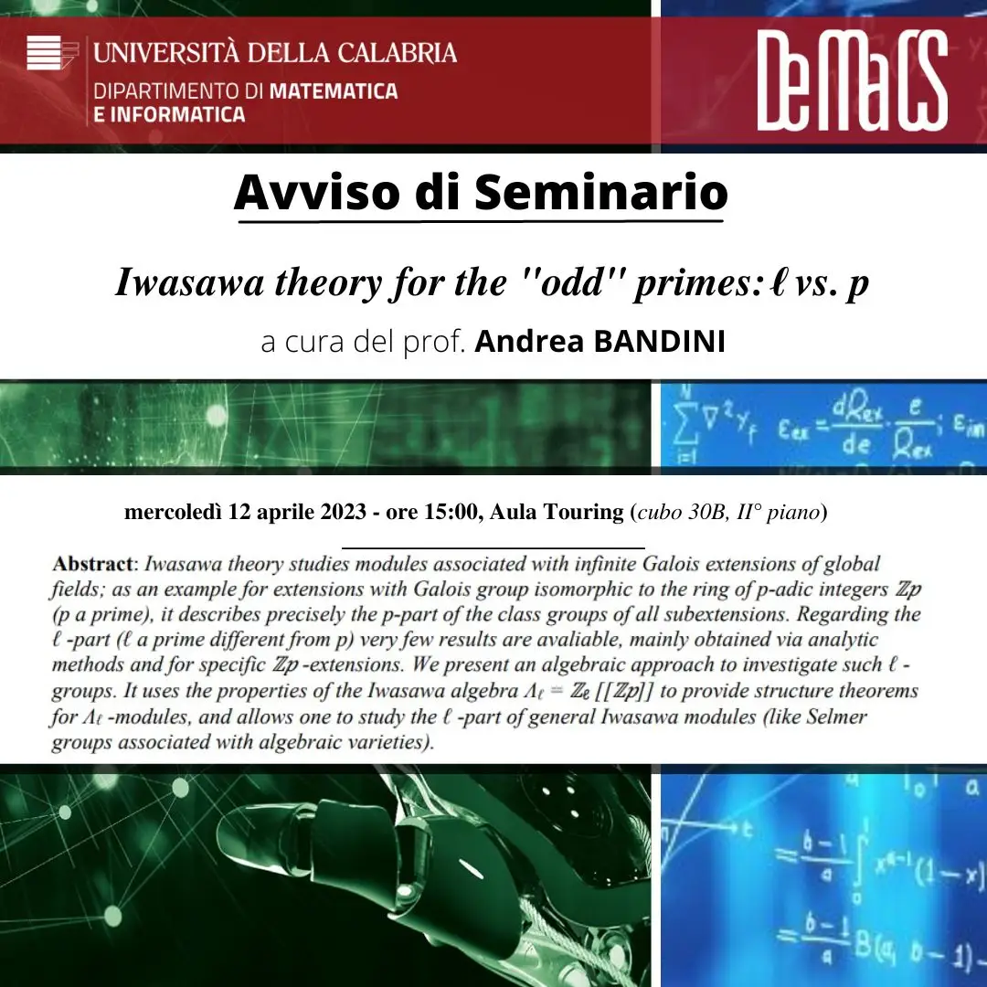 Seminario prof. Andrea Bandini: "Iwasawa theory for the "odd" primes: ℓ vs. p"