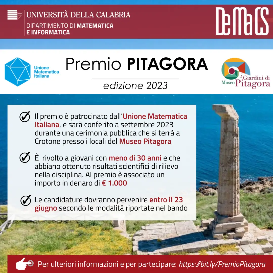 Premio Pitagora 2023 - DeMaCS - scadenza 23 giugno 2023 - ore 23:59