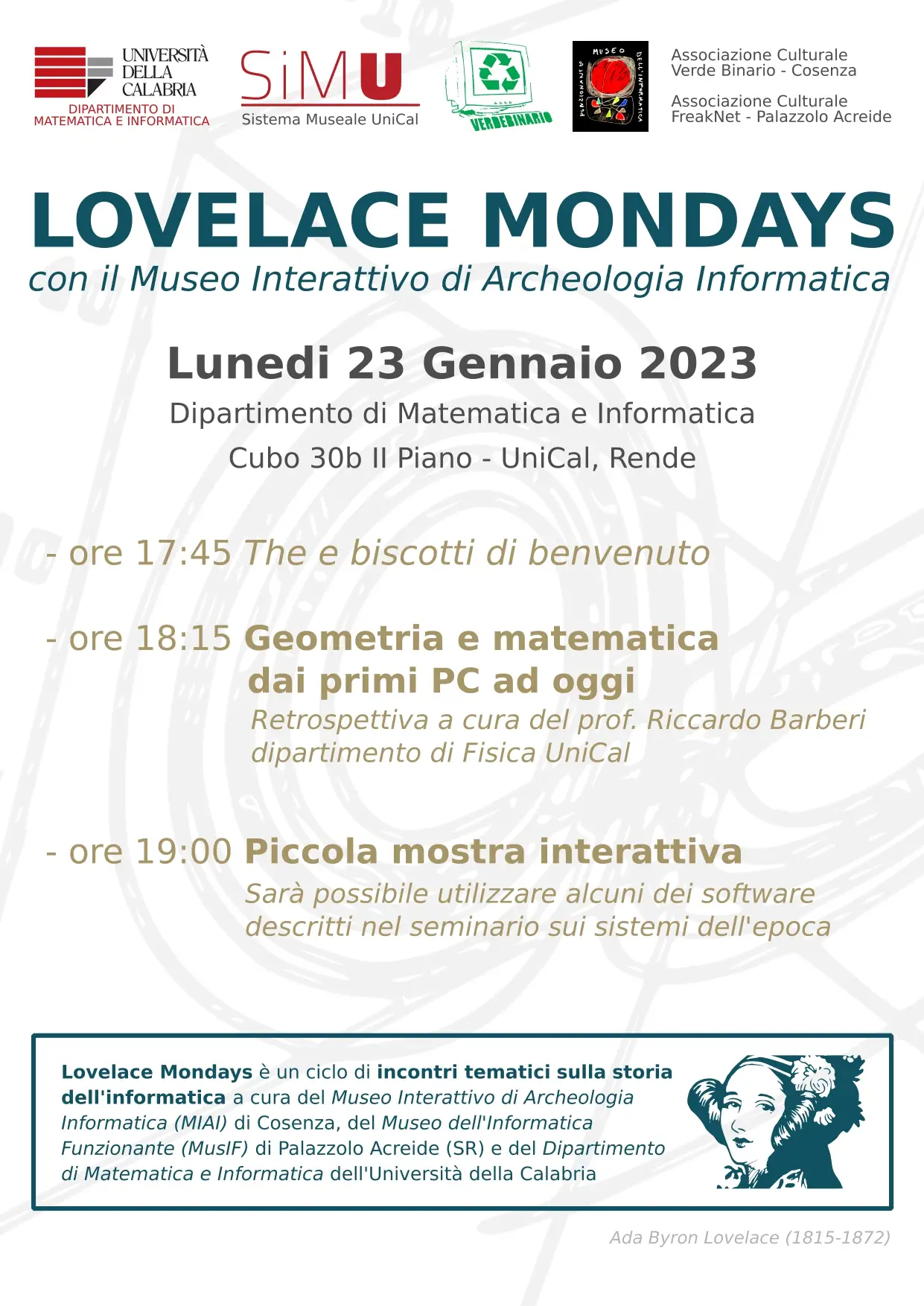 lovelace mondays 23 gennaio 2023 - Locandina DeMaCS Locandina Seminario prof. Riccardo Barberi - LOVELACE MONDAYS 23 gennaio 2023