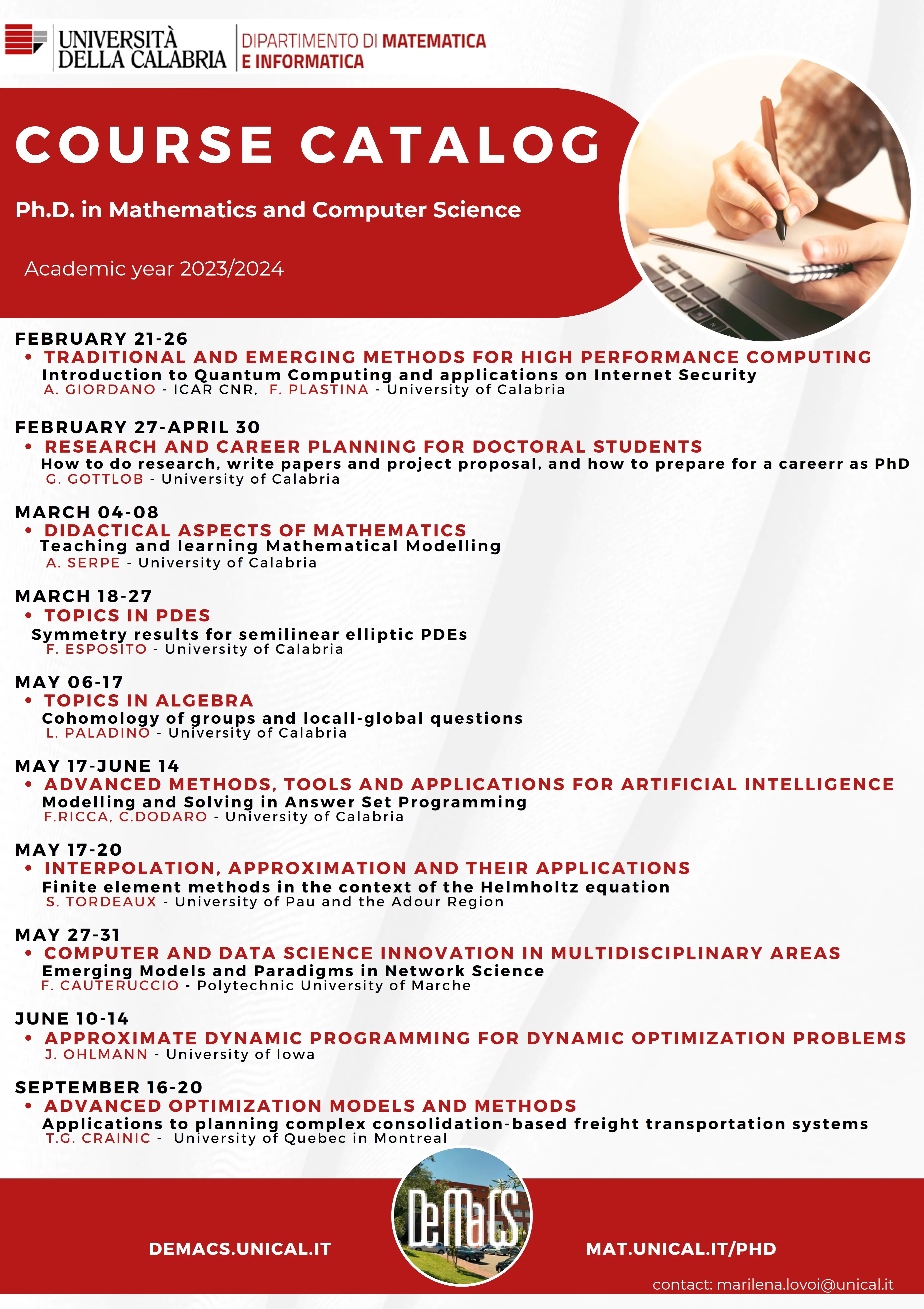 Course Schedule - Ph.D. Mathematics And Computer Science - A.Y. 2023/2024